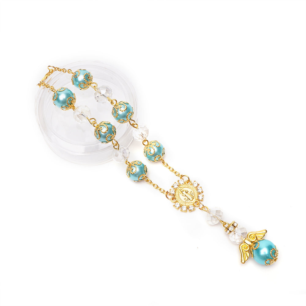 Pearl Angel Wing Charm Saint Benedict Cross Crystal Bracelet