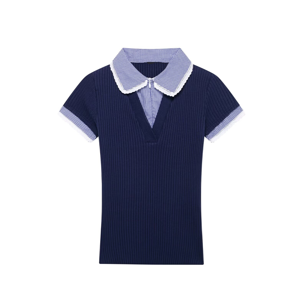 rench short-sleeved stitching polo for women