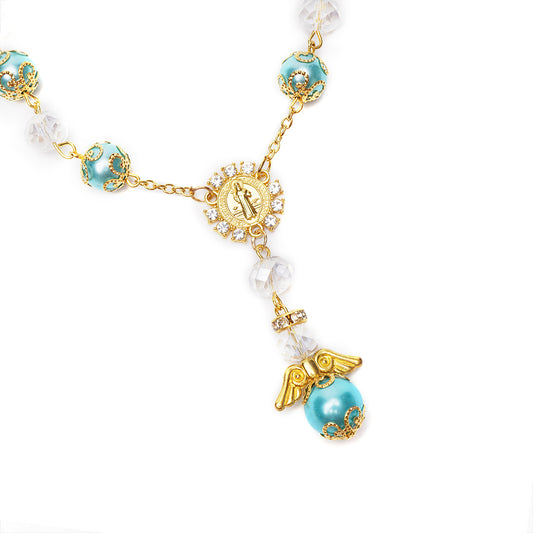 Pearl Angel Wing Charm Saint Benedict Cross Crystal Bracelet