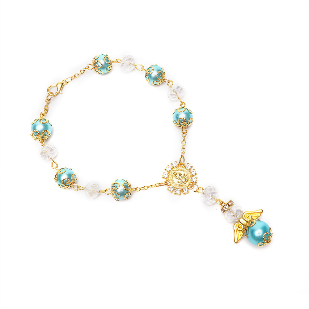 Pearl Angel Wing Charm Saint Benedict Cross Crystal Bracelet